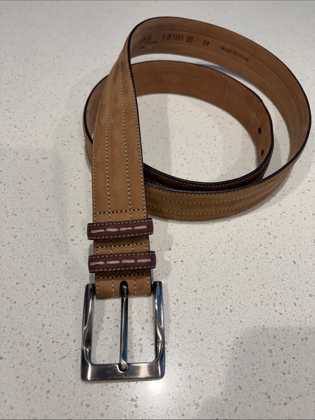 Tommy Bahama Two-Tone Tan And Brown Leather Belt With Silver Buckle